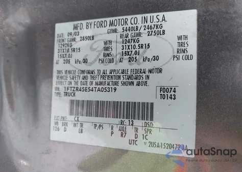 2004 Ford Ranger Edge/Tremor/Xlt из США, поврежденный, VIN 1FTZR45E54TA05319